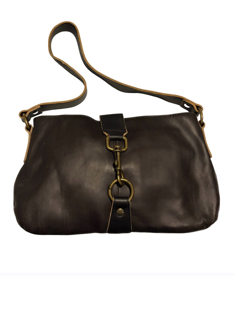 VTG HOBO International Brown Leather Shoulder Bag w/Brass Trigger Clasp Y2K